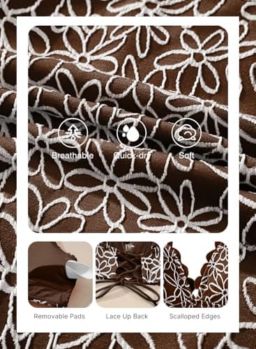 Herseas Women's Stitching Floral Textured Bikini Sets High Waisted Scalloped V Neck Slimming Swimsuits 2026 Summer Tummy Control Ladies Bathing Suits Chic Resort Wear for Teens Dark Brown Large - Thumbnail 5