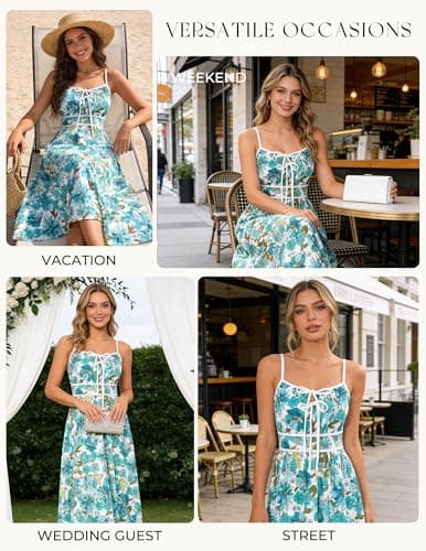 GRACE KARIN 2026 Women's Summer Maxi Floral Dress, Spaghetti Strap Tie Front Boho Sundress with Pockets, Green L - Thumbnail 2