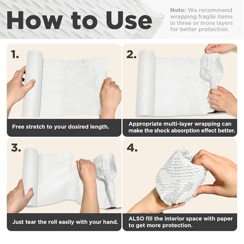 Honeycomb Packing Paper, 12"x300' White | Perforated Honeycomb Packing Paper Recyclable Moving Supplies for Shipping & Moving | Plastic-Free Alternative to Bubble Cushion Wrap with 36 Fragile Stickers - Thumbnail 6