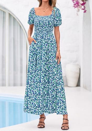 BTFBM Spring Summer Dresses for Women 2026 Puff Short Sleeve Smocked Floral Print Boho Beach Wedding Guest Maxi Dress(Floral Blue Green, Small) - Thumbnail 5