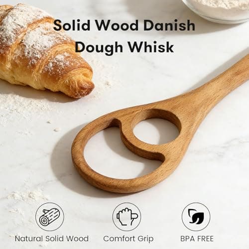 Drcomtruing Wooden Danish Dough Whisk - 12.6" Handcrafted Dutch Bread Whisk for Batter, Pizza Dough & Baking - Upgraded One-Piece Sourdough Whisk with Flow-Through Design-2 Pack - Thumbnail 2