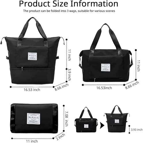 Large Capacity Foldable Travel Bag, Sports Shoulder Bag, Duffel Bag, Wet and Dry Separation, Waterproof Oxford Fabric, Black, Large - Thumbnail 5