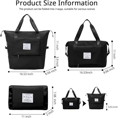 Large Capacity Foldable Travel Bag, Sports Shoulder Bag, Duffel Bag with Wet and Dry Separation, Oxford Fabric, Waterproof(Jet-Black) - Thumbnail 5