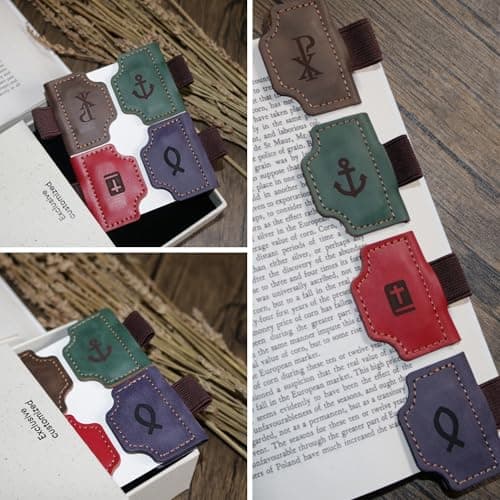 Buyborgood 4 Pcs Personalized Magnetic Leather Bookmark Pen Holder Book Lovers Christian Gifts Bygone Mark for Reading, Red-Bible + Coffee-Chi-Rho + Purple-Jesus Fish + Green-Anchor - Thumbnail 5