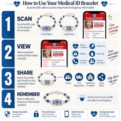 Blue & White Leaf CZ Medical Alert Bracelet for Women | Dynamic QR Code or Custom Engraved ID Jewelry | Emergency Contact Allergy Health Info Stainless Steel & Copper Adjustable Wristband (QR Code-US Stock) - Thumbnail 2