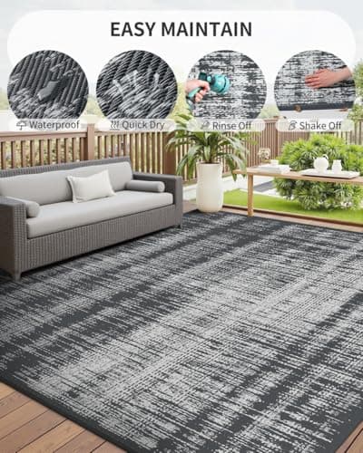 MontVoo Outdoor Rug Waterproof 5x8 ft Outdoor Carpet Patio Rug Mat Reversible RV Camping Rug Plastic Straw Outside Rug for Balcony Porch Deck Picnic Beach Modern Grey - Thumbnail 6