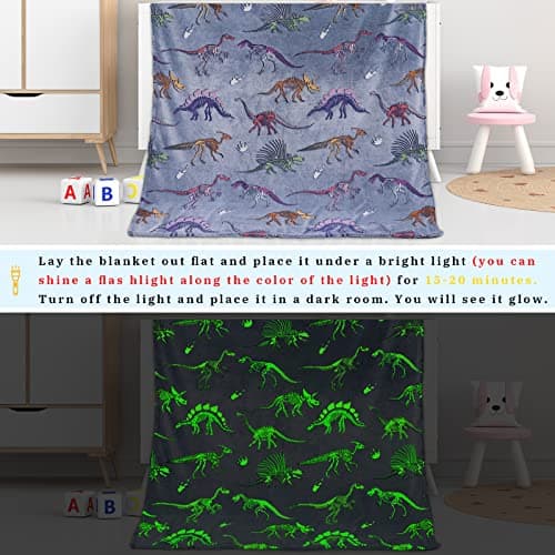 Gdindff Glow in The Dark Dinosaur Blanket for Boys, Dinosaur Toys for 3 4 5 6 7 Year Old Boys, Easter Basket Stuffers for Kids Toddlers, Cute Dino Gifts Room Decor, Soft Fleece Throw Blanket 50"x60" - Thumbnail 6