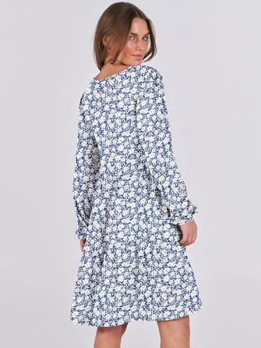 ANRABESS Womens Long Sleeve Dress 2026 Fall Casual V Neck Tiered Flowy Short Dresses Beach Travel Vacation Clothes Floral Blue X-Large - Thumbnail 6