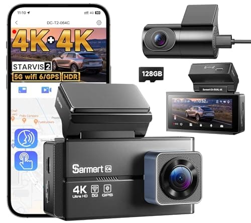 4K+4K Dash Cam Front and Rear, Sarmert C4 Dash Cam Free 128GB Card Included, Built-in GPS and 5G WiFi, HDR Night Vision, WDR Dash Camera for Cars, App, 24H Parking Mode - Image 1