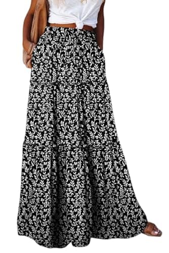 Happy Sailed Women's Maxi Skirt Summer High Elastic Waisted Boho Floral Printed Pleated A Line Flowy Long Skirt Beach Vacation Clothes for Women Trendy 2025 Floral Black Small - Image 1