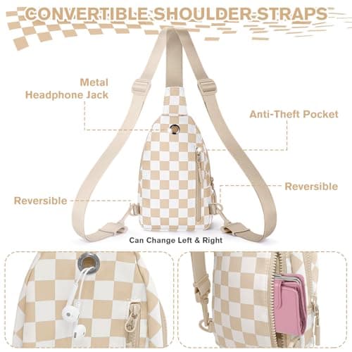WOOMADA Checkered Women's Sling Bag - Stylish Small Backpack Crossbody Chest Bag & Fanny Pack Purse - Thumbnail 5