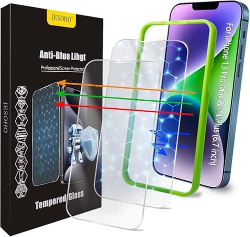 JESOHO Screen Protector for iPhone 13 Pro Max/14 Plus [6.7 Inch], Colorless Anti-Blue Light Tempered Glass Films, HD Clear, 9H Hardness, No Bubbles, Case Friendly,2 pcs