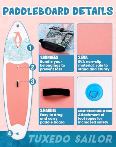 Tuxedo Sailor 10'6"×33"×6" Inflatable Stand Up Paddle Board with SUP Accessories, Anti-Slip EVA Deck and Large Fin, Paddle Boards for Adults & Youth of All Skill Levels - Thumbnail 3