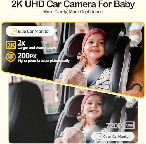 Ellie Baby Car Monitor, 2K UHD Backseat Monitor with Color Night Vision, Face Tracking, Dual Display for 2 Kids, Wide View Car Baby Camera, Smart Video Capture & App Control - Thumbnail 2