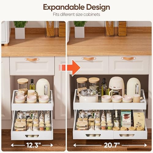 Nacial 2 Tier Pull Out Cabinet Organizer, Expandable(12.3"-20.7" W) Slide Out Cabinet Drawer with Adhesive Nano Film, Adjustable Heavy Duty Roll Out Shelves for Kitchen Pantry Bathroom Storage, White - Thumbnail 5