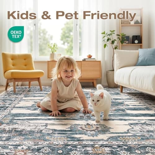 Jessibou Washable 8x10 Area Rug for Living Room & Dining Room - Large Vintage Farmhouse Soft Carpet with Non-Slip Backing, Stain Resistant Low-Pile Indoor Rug for Home Office, Kid & Pet Friendly- Blue - Thumbnail 4