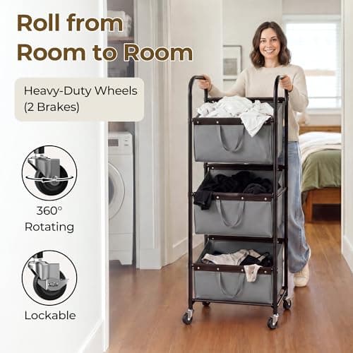 GRANNY SAYS 3 Tier Laundry Sorter, Laundry Hamper with Wheels, Laundry Room Organization and Storage, 3 Section Rolling Laundry Cart for Dorm, Bathroom, Bedroom, Closet, Grey - Thumbnail 5