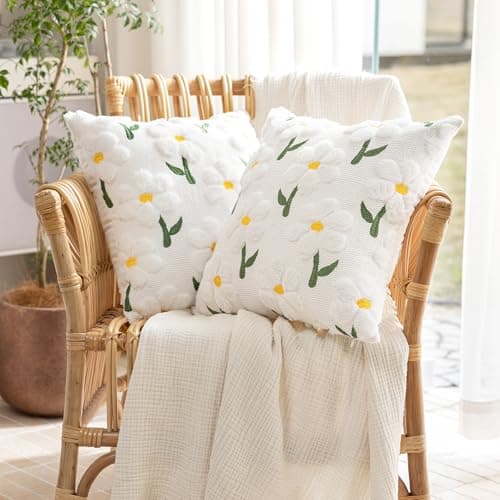 KIDHABE Spring Summer Pillow Covers 18x18 inch Set of 2, White Daisy Floral Sunflower Pillow Cases, Soft Plush Faux Fur Jacquard Throw Pillows for Sofa Couch Holiday Spring Home Decor - Thumbnail 2
