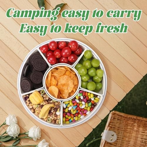 Snackle Box Container Divided Serving Tray with Lid, 6-Compartment Portable Spinning Round Stackable Container, Handle for Organize Veggies, Fruit, Candy, Party Snacks, Nuts, Kitchen Party Essentials - Thumbnail 6
