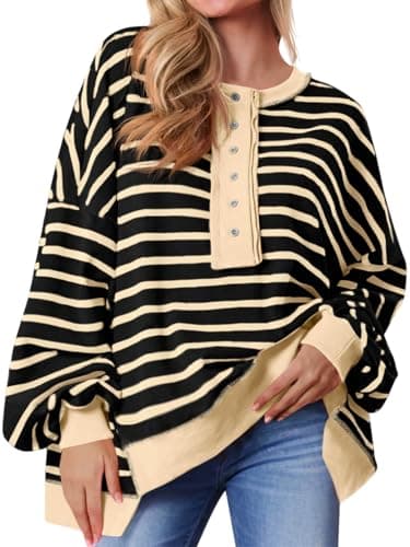Tankaneo Womens Oversized Striped Sweatshirts Henley Shirts Color Block Casual Pullover Waffle Knit Tops Black Beige - Image 1