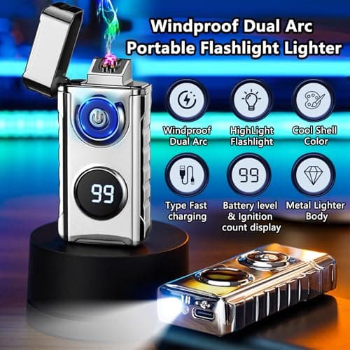 BABOBIU Electric Lighters Rechargeable Arc Lighter Windproof Plasma Lighters with LED Light Power Display Unique Lighters for Men for Candles Camping Fireplace Outdoor Gifts (Silver) - Thumbnail 2