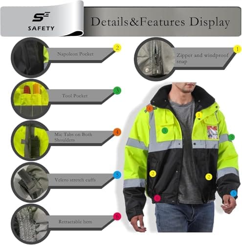 sesafety Reflective Jacket for Men, High Visibility Jackets, Safety Jackets for Men, Hi Vis Construction Bomber Jackets Waterproof with Pockets and Zipper, Black Bottom, Class 3 - Thumbnail 4