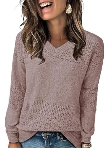 NORACORA Womens Fall Sweaters 2025 V Neck Casual Long Sleeve Ribbed Knit Oversized Pullover Lightweight Crochet Loose Sweater Tops Pink - Thumbnail 2