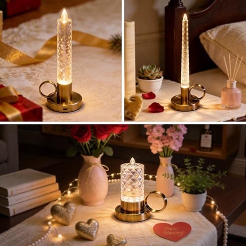 JandCase Flameless Candles Set, Rechargeable Pillar Candles Battery Operated, LED Acrylic Crystal Tapered Candle, 0.4W Dimmable Small Cordless Table Lamp for Valentines Wedding Centerpiece Decorations - Thumbnail 6