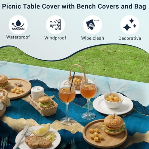 Picnic Table Cover with Bench Covers - Camping Essentials Camping Table Cover with Elastic Edges & Drawstring Bag, Fitted Rectangle Tables and Seats for 6-Foot Outdoor, 30x72 Inches, Blue Green - Thumbnail 6