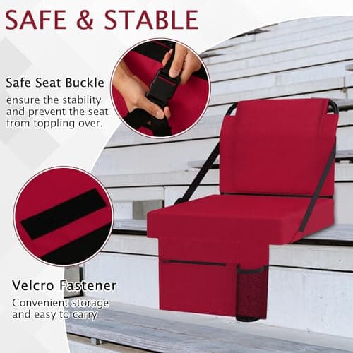ACIPENSER 2pcs Stadium Seat for Bleachers with Back Support，Portable Bleacher Chairs with Back and Cushion，Includes Shoulder Strap and Cup Holder,Maroon - Thumbnail 5