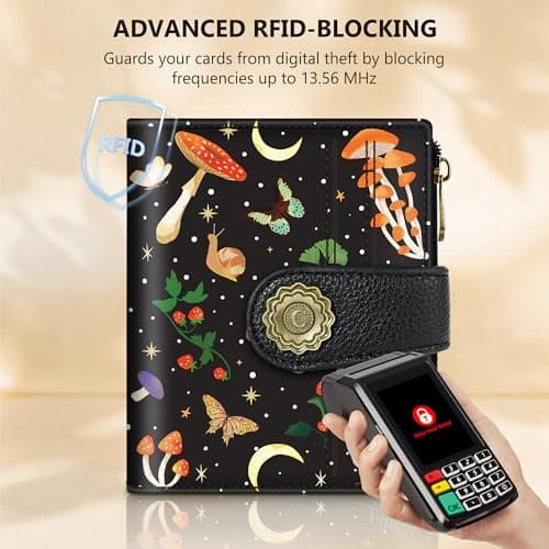 Chelmon Mushroom Butterfly Small Wallet Woman RFID Blocking, PU Leather Bifold Credit Card Ladies Wallets with ID Window, Cute Zipper Coin Pocket Purse for Girls - Thumbnail 3