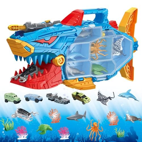 Frontoytall Shark Ocean Animal Toys Set with 18 Piece Sea Creatures & Transport Vehicles, Double-Side Storage + Portable Handle, Educational Bath Toys for Kids Ages 3-12 Years Old - Image 1