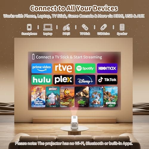 Mini Projector with 4K Support, Portable Projector with Electric Focus & Keystone, 270° Rotatable Stand, Short Throw Home & Outdoor Movie Projector Compatible with TV Stick, Phone & Laptop - Thumbnail 2