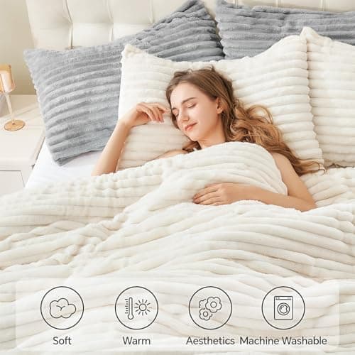 BEDELITE Fleece Full Comforter Set -Super Soft & Warm Fluffy Cream White Bedding, Luxury Fuzzy Heavy Bed Set for Winter with 2 Pillow Cases - Thumbnail 5
