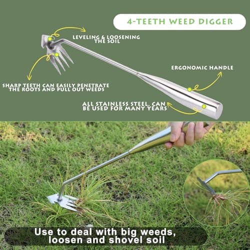 Jahenway Weed Puller Tool, Stainless Steel Gardening Hand Weeder Tools, Weeding Artifact Uprooting Weeding Tool, Weed Removal Tool, 4-Tooth Dual Purpose Manual Weed Pulling Tool for Yard Garden - Thumbnail 3