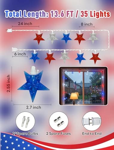 35 LED Patriotic Star String Lights, 13.6FT 4th of July Red White and Blue String Light with LED Mini Bulbs, Waterproof Connectable Independence Day Lights for Home Patio Garden Yard Memorial Day - Thumbnail 2
