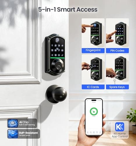 Veise VE017-K Fingerprint Smart Lock with 2 Knobs, App Control, Keyless Entry Front Door Lock Set, Electronic Touchscreen Keypad Deadbolt, Emergency Power Port, Easy Install, Auto-Lock, Matte Black - Thumbnail 3