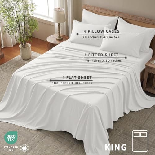 USXIBEI King Size Sheets Set - 6 Piece Luxuriously Soft & Cooling Sheets King Size - Ultra Soft 16" Deep Pocket King Sheet Set - Fitted Sheet & Pillowcase Sets (King White) - Thumbnail 2