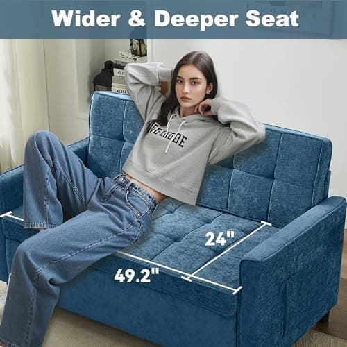Tbfit 57" Love Seat Sleeper Bed, Convertible Pull Out Couch Bed, Chenille Loveseat Sofa Bed with USB & Adjustable Backrest, Full Size Pull Out Couches for Living Room, Apartment, Office, Dorm, Blue - Thumbnail 3