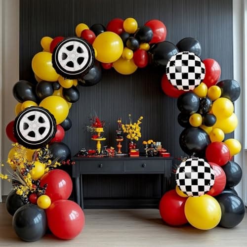 Race Car Balloon Garland Arch Kit 157Pcs Red Black Yellow Checkered Wheel Balloons for Race Car Birthday Party One Two Fast Decorations - Image 1