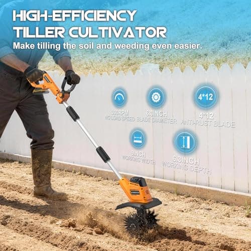 Cordless Tiller Cultivator (No Battery) Compatible with Dewalt 20V Max Battery, 9In Tilling Width & 6.3In Depth Tiller for Gardening, Loose Soil, Weeding, Trenchig - Thumbnail 3