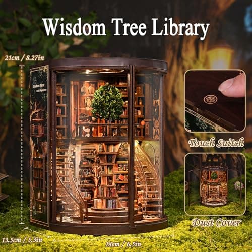 Havefunfun Wisdom Tree Library Book Nook Kit, DIY 3D Wooden Puzzle with Rotating Staircase, LED Light & Dust Cover, Premium Solid Wood Bookend, Vintage Decor, Creative Gift for Adults & Book Lovers - Thumbnail 3