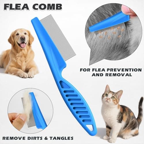3PCS Pet Grooming Rake & Metal Comb & Flea Comb for Cats and Dogs, Double-Sided Dematting Tool, Extra-Wide Deshedding Dog Brush for Long Hair to Effectively Remove Tangles, Knots and Mats (Blue) - Thumbnail 5
