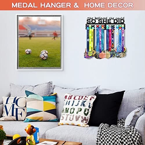 Bliocefo Medals Hanger Display Holder Rack 13.8 inches She Believed She Could Wall Mount Steel Frame Over 60 Medals-Sports Medal Hangers Racks Bib Ribbon with Easy Hanging Bars Black 3 Lines - Thumbnail 6