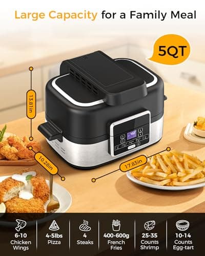 Joy Pebble Indoor Grill with Air Fry, 5-IN-1 Electric Smart Air Fryer Grill Combo, Stainless Steel with Air Grill, Air Fryer, Roast, Bake, Dehydrate, Beef & Fries, 5QT Large Capacity Smokeless, Black - Thumbnail 4