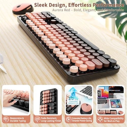Nowlike Wireless Keyboard and Mouse Combo, Retro Typewriter Keyboard with Round Keycaps, Full-Size Ergonomic, Aurora Red, Ideal for Windows PC, Home, Office, and College - Thumbnail 4