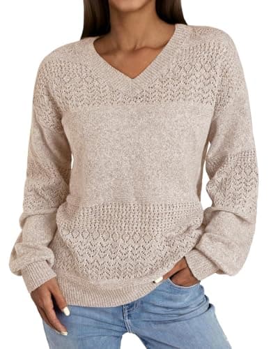 NORACORA Womens V Neck Fall Sweaters 2025 Casual Long Sleeve Ribbed Knit Pullover Lightweight Crochet Pullover Sweater Tops Khaki - Image 1