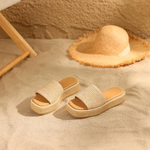 Erocalli Wedge Sandals for Women Espadrilles Platform Sandals Brown Summer Beach Sandals Raffia Sandals Comfortable Open Toe Dressy Sandal Size 10 - Thumbnail 5