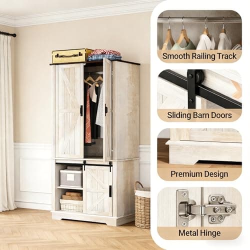 71" Tall Farmhouse Wardrobe Closet with Sliding Barn Doors, 2 Cabinets & 3 Drawers – Rustic Armoire for Bedroom, Spacious Closet Wardrobe with Doors for Clothing, Shoes & Storage, Antique White - Thumbnail 3