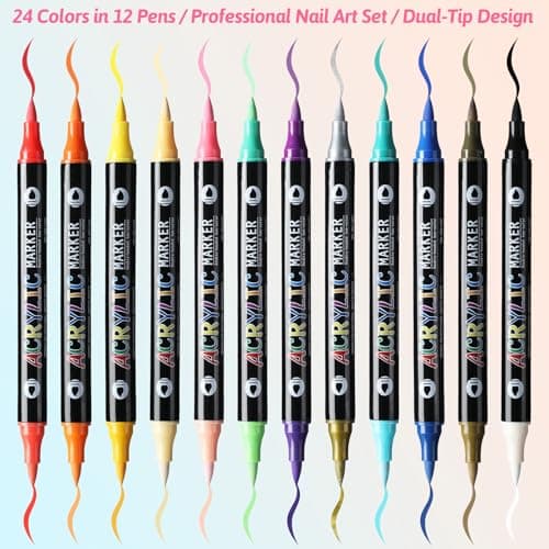 24 Colors Nail Art Markers Pens Set (12Pcs-Dual), Acrylic Nail Art Marker, 3D Dotting Liner Brush Quick-Drying Fine Tip Nail Polish Pen for DIY Home Salon, Beginners Manicure Drawing Tools - Thumbnail 2